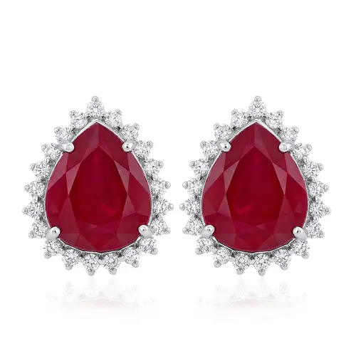 Par de Brincos de Ouro Branco com 42 Diamantes e Rubi Totalizando 12,44 Cts.