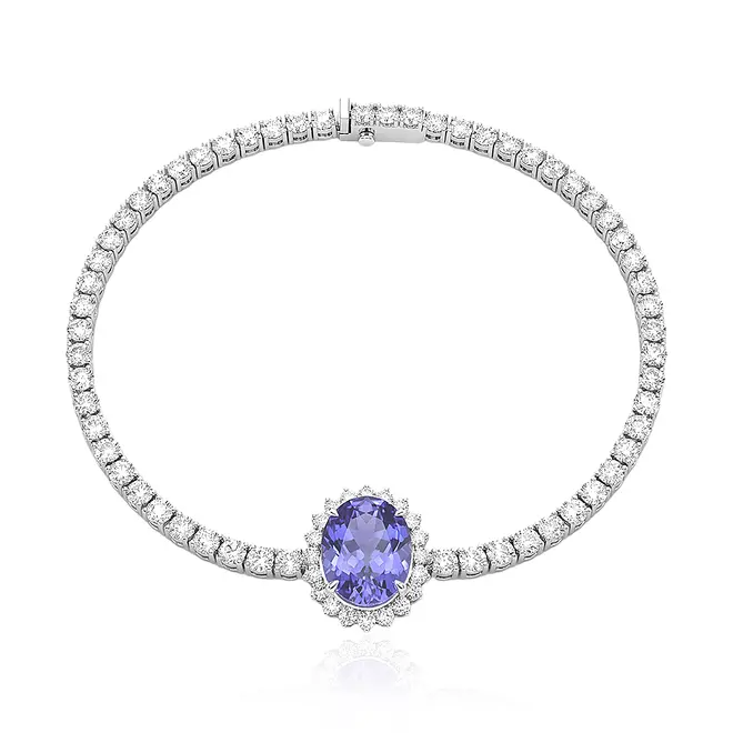 Pulseira de Ouro Branco com 1,52 ct em Diamantes e Tanzanita de 2,50 ct