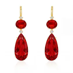 Par de Brincos com Cristais de Quartzo Rubi, Acabamento em Ouro